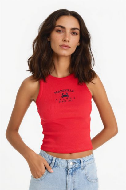 Slim Fit Printed Halter Neck Corduroy Tank Top