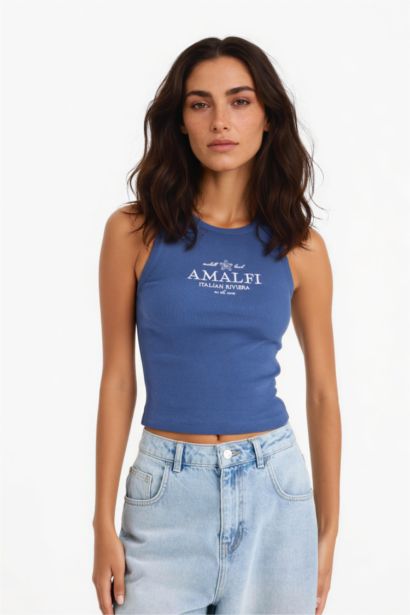 Slım Fıt Baskılı Halter Yaka Fitilli Kaşkorse Atlet