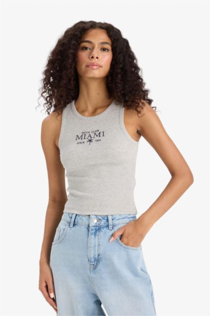 Slim Fit Dar Kesim Baskılı Halter Yaka Fitilli Kaşkorse Atlet