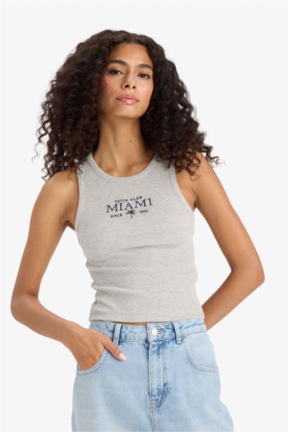 Slim Fit Dar Kesim Baskılı Halter Yaka Fitilli Kaşkorse Atlet