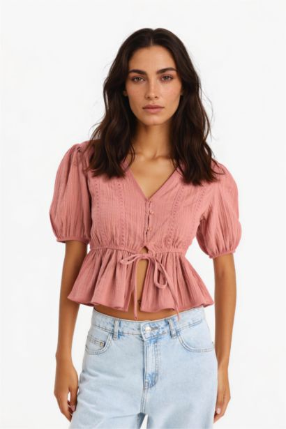Fıtted Müslin Kısa Kollu Bluz