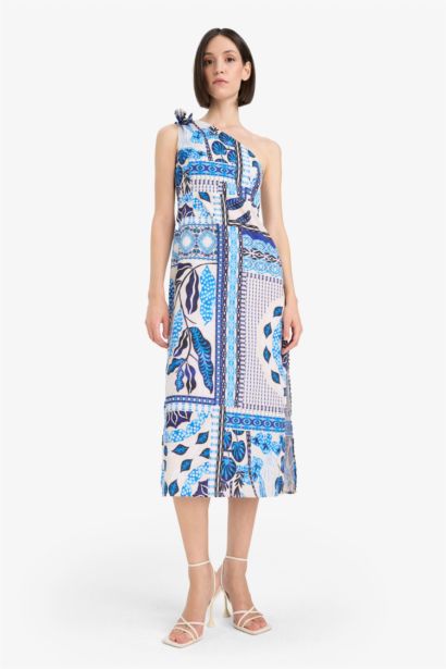 Fall in Love Regular Fit Tropical Patterned One Shoulder Poplin Beach Dress