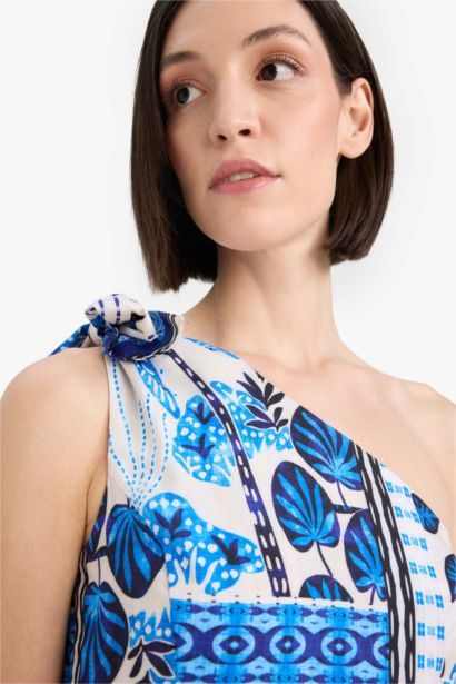 Fall in Love Regular Fit Tropical Patterned One Shoulder Poplin Beach Dress