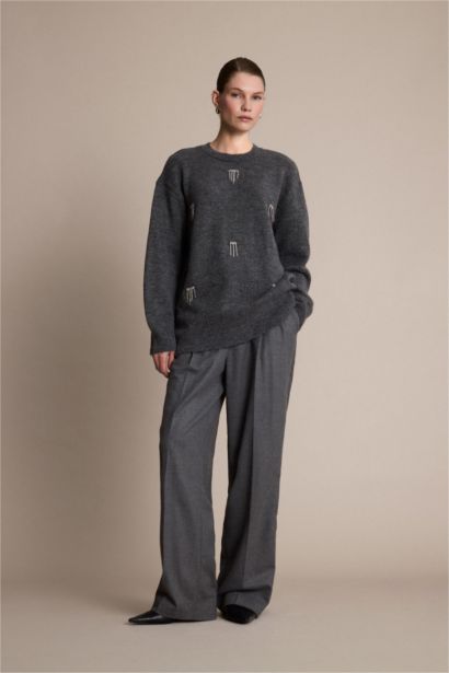 Regular Fit Bisiklet Yaka Taşlı Triko Kazak Tunik