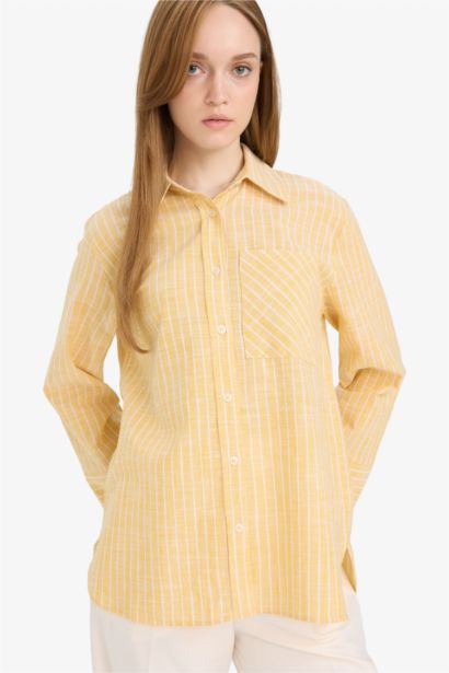 %100 Pamuk Relax Fıt Çizgili Flamlı Gömlek Tunik