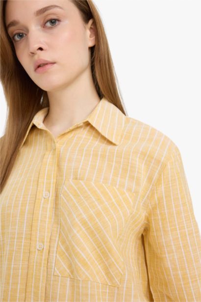 %100 Pamuk Relax Fıt Çizgili Flamlı Gömlek Tunik