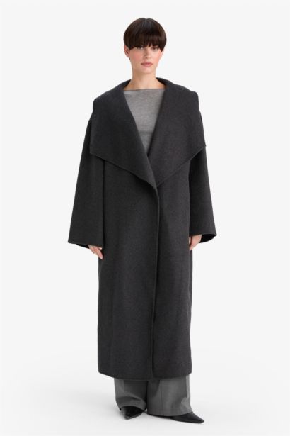 Yün Karışımlı Regular Fit Düğmeli Uzun Kaşe Kaban