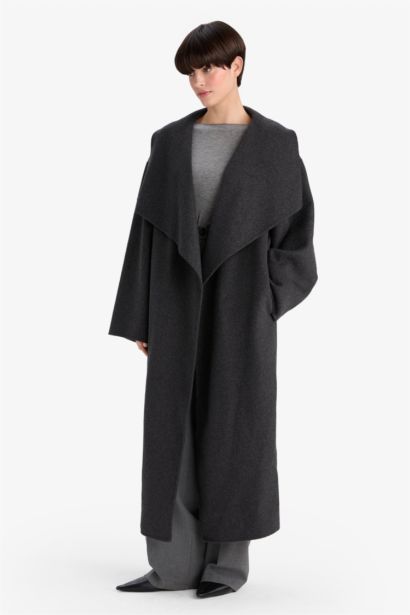 Yün Karışımlı Regular Fit Düğmeli Uzun Kaşe Kaban