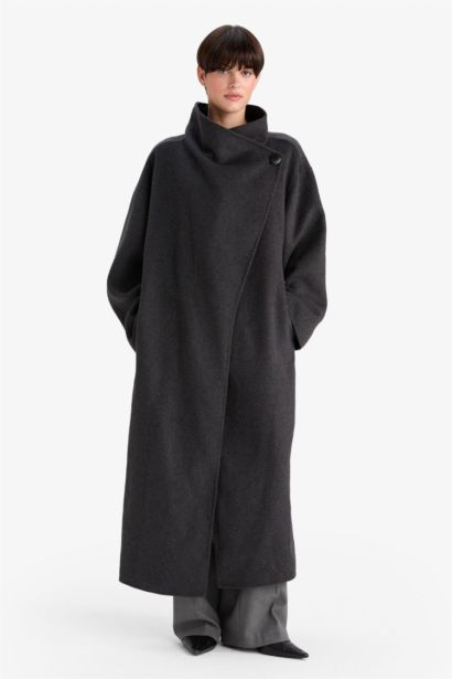 Yün Karışımlı Regular Fit Düğmeli Uzun Kaşe Kaban