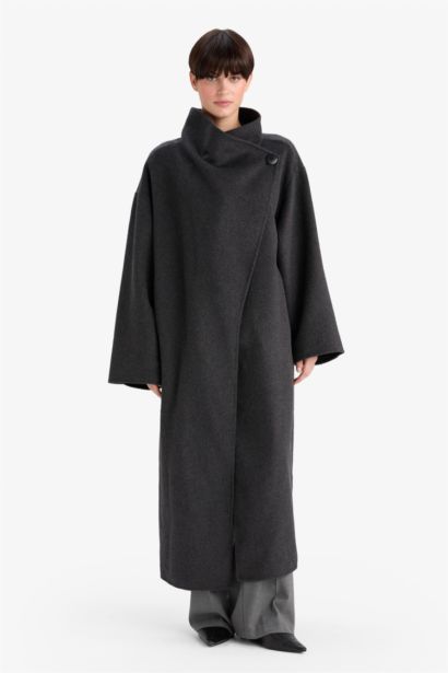 Yün Karışımlı Regular Fit Düğmeli Uzun Kaşe Kaban