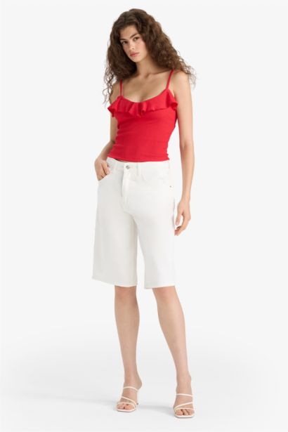 Slim Fit Ruffle Collar Strappy Red Tank Top