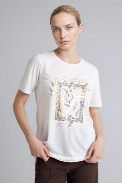 Regular Fıt Bisiklet Yaka Nakış Baskı Baskılı Penye Kısa Kollu Tişört