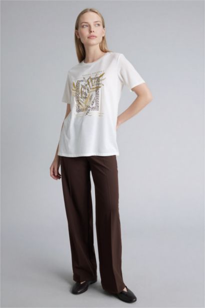 Regular Fıt Bisiklet Yaka Nakış Baskı Baskılı Penye Kısa Kollu Tişört