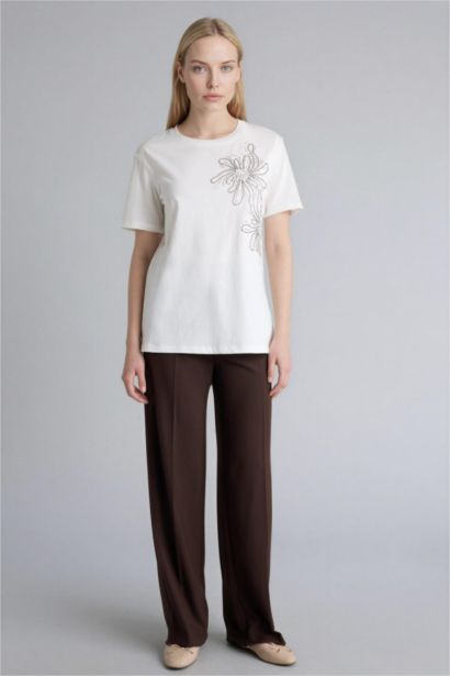 Regular Fıt Bisiklet Yaka Nakış Baskı Baskılı Penye Kısa Kollu Tişört