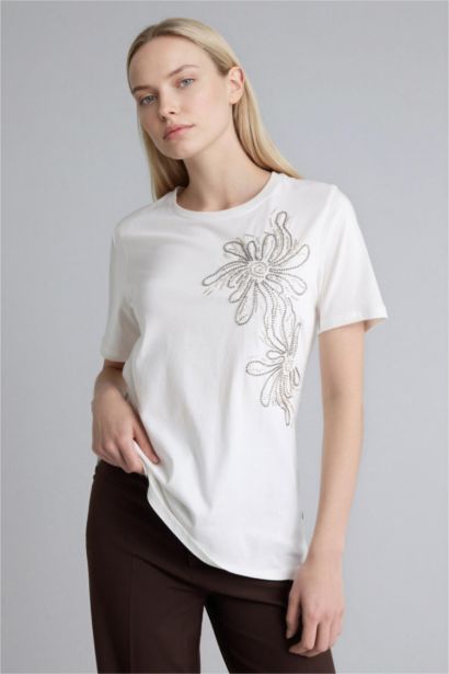 Regular Fıt Bisiklet Yaka Nakış Baskı Baskılı Penye Kısa Kollu Tişört