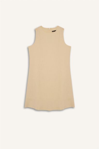 فستان قصير ذو مظهر كتان بياقة مستديرة