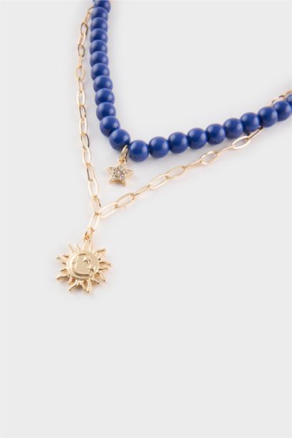 Lot de 2 Colliers dorés avec pierres bleu marine pour femme