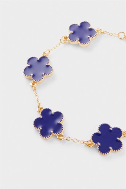 Woman Golden Bracelet With Navy Blue Flowers