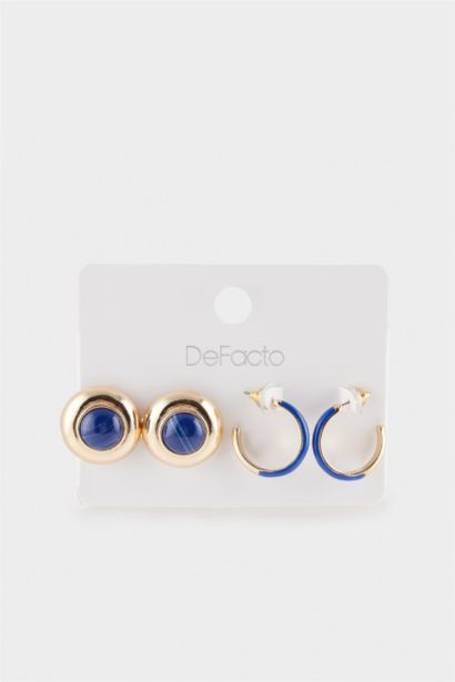 Woman 2 Piece Golden Earrings With Blue Stones