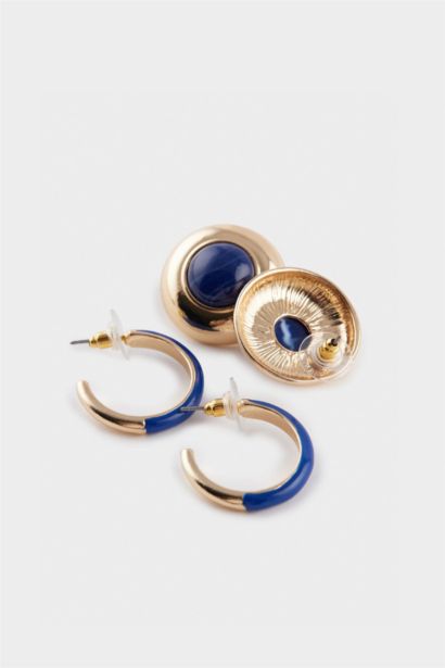 Woman 2 Piece Golden Earrings With Blue Stones