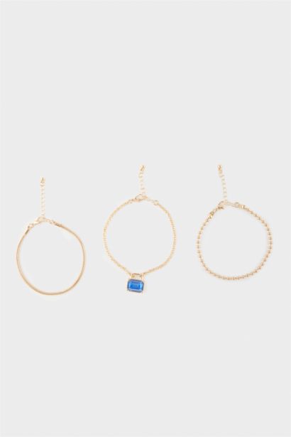 Woman 3 Piece Golden Bracelets With Blue Stones