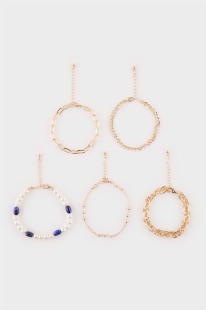 Woman 5 Piece Golden Bracelets With Pearls