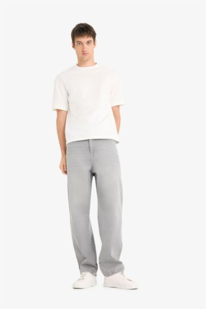 %100 Pamuk Baggy Fit Geniş Paça Jean Yıkamalı Pantolon