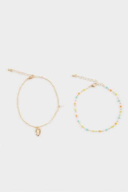 Woman 2 Piece Golden Anklets With Colorful Stones