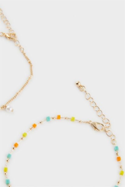 Woman 2 Piece Golden Anklets With Colorful Stones
