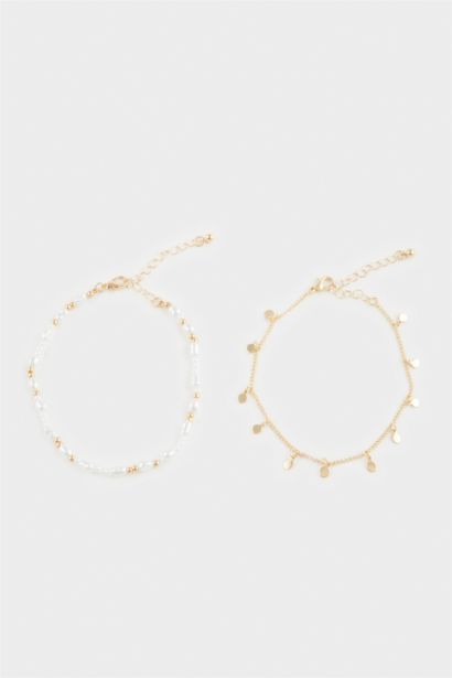 Woman 2 Piece Golden Anklets With Pearls