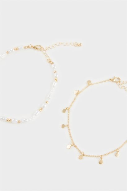 Woman 2 Piece Golden Anklets With Pearls