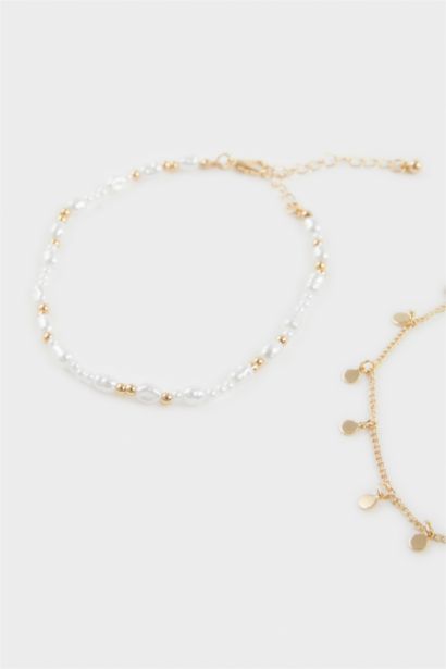 Woman 2 Piece Golden Anklets With Pearls