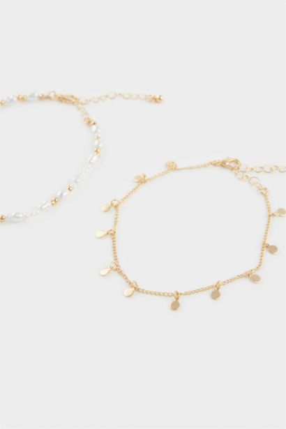 Woman 2 Piece Golden Anklets With Pearls