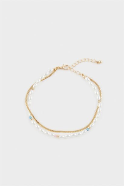 Woman 2 Piece Golden Anklets With Pearls