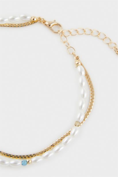 Woman 2 Piece Golden Anklets With Pearls