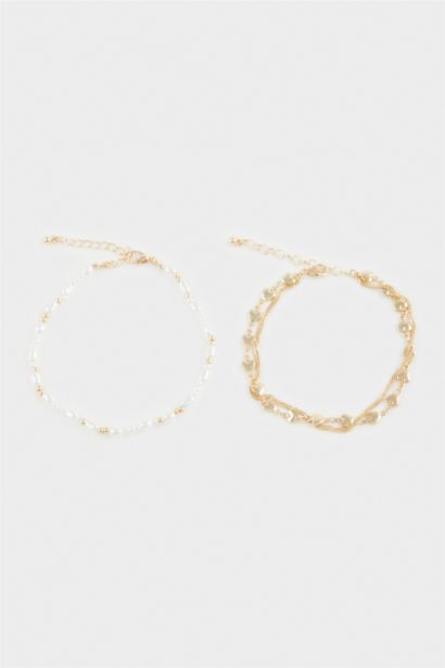 Woman 2 Piece Pearl Gold Anklet
