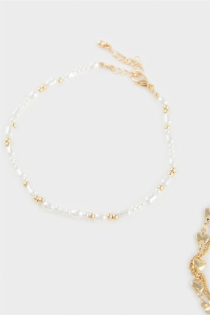 Woman 2 Piece Pearl Gold Anklet