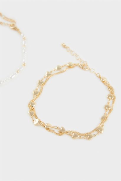 Woman 2 Piece Pearl Gold Anklet