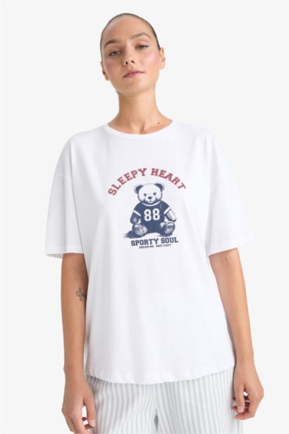 %100 Pamuk Regular Fıt Baskılı Kısa Kollu Pijama Üstü