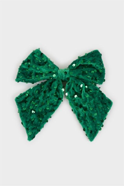 Barrette nœud vert à sequins thème Noël pour femme