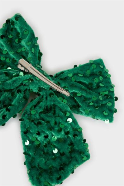 Barrette nœud vert à sequins thème Noël pour femme