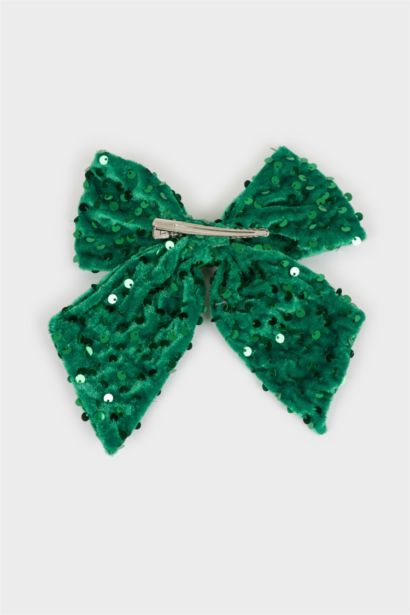 Barrette nœud vert à sequins thème Noël pour femme