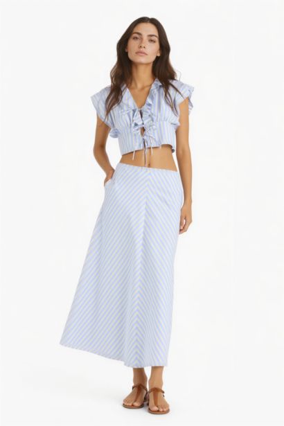 A Kesim Çizgili Normal Bel Poplin Maxi Etek