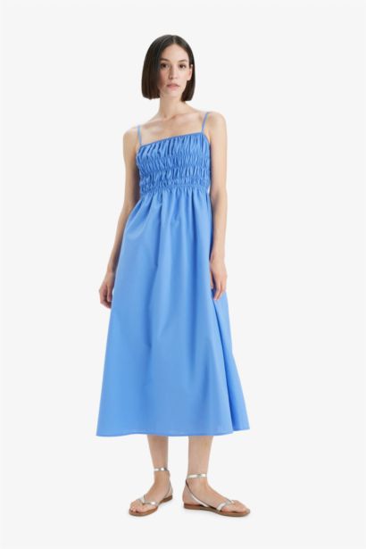 Square Collar Linen Look Midi Dress