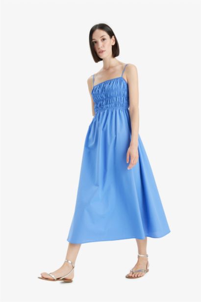 Square Collar Linen Look Midi Dress