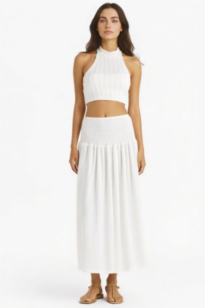 A Kesim Normal Bel Gipeli Bürümcük Beyaz Maxi Etek