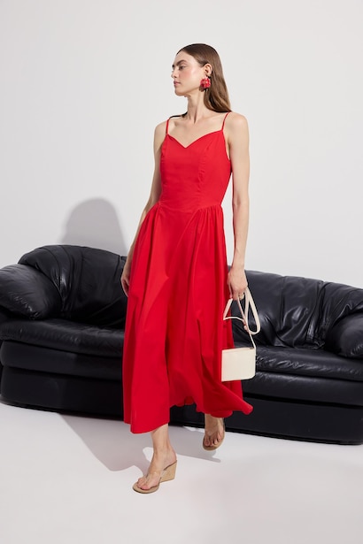 V-Neck Poplin Strappy Midi Dress
