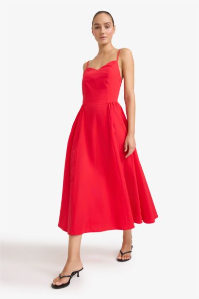 V-Neck Poplin Strappy Midi Dress