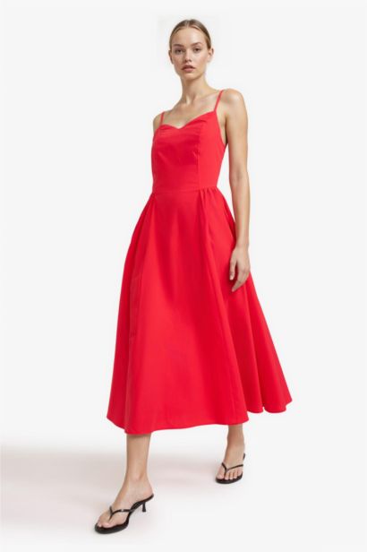 V-Neck Poplin Strappy Midi Dress