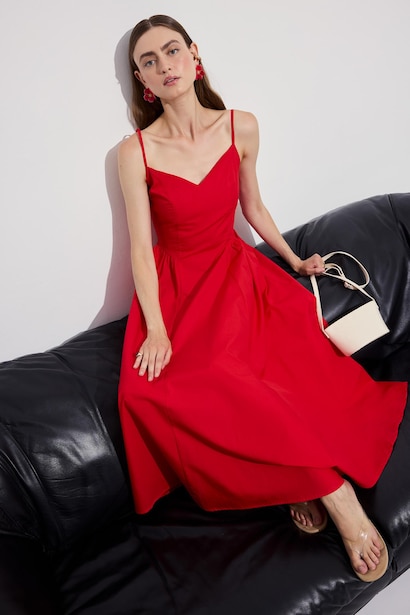 V-Neck Poplin Strappy Midi Dress